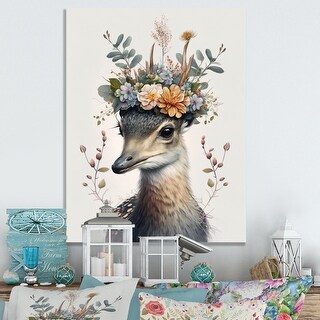 Designart 'Cute Baby Heron With Floral Crown ' Animals Heron Metal Wall Art