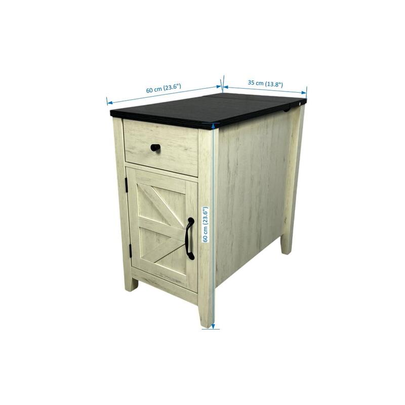 Farmhouse End Table Bedside Table With Charging Station, Night Stand With Barn Door And Drawer