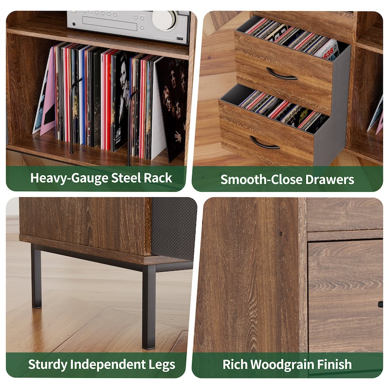 Record Player Stand with Adjustable Shelves, Holds 350 Vinyl Albums, Turntable Console with Speaker Shelf and Drawers