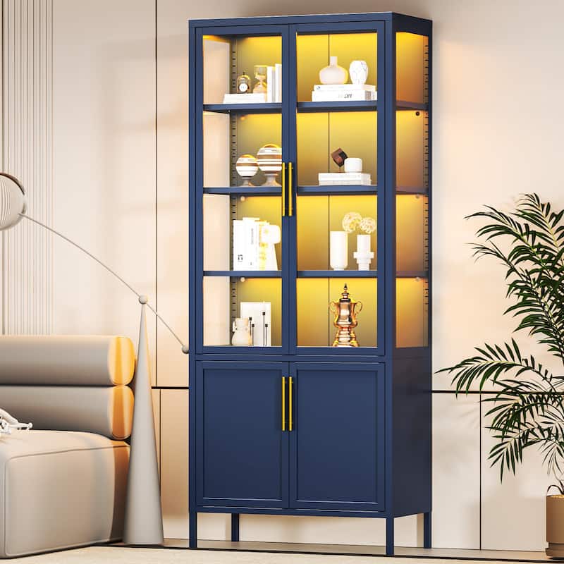 6-Tier Tempered Glass Curio Display Cabinet with 4 Doors, Adjustable Shelves, 13 Color Lights - Blue
