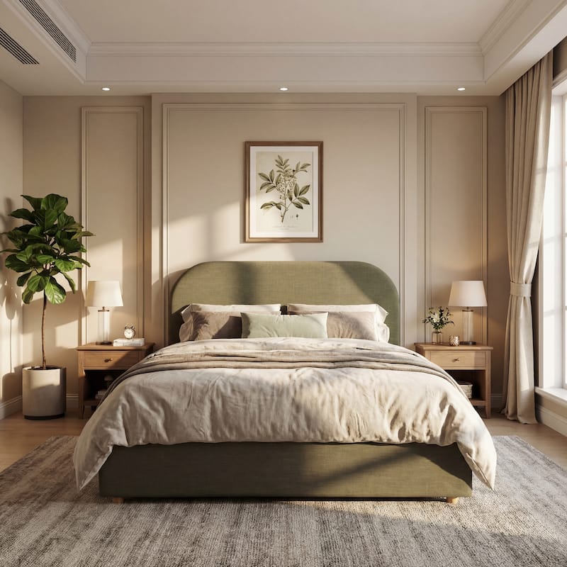 Christopher Knight Home - Thalassa Linen Bed Frame with Curved Headboard and Solid Wood Legs - Green - Queen