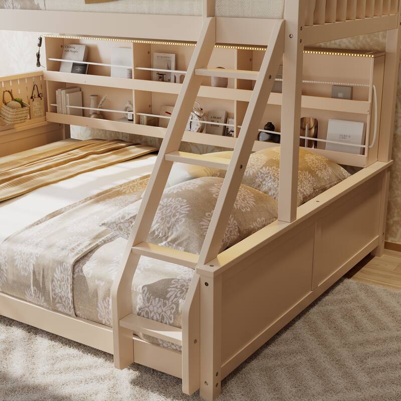 Kids Bunk Bed Frame with Integrated Shelving, Light Strip and Pegboard, Convertible into Floor Platform Bed and Low Loft Bed