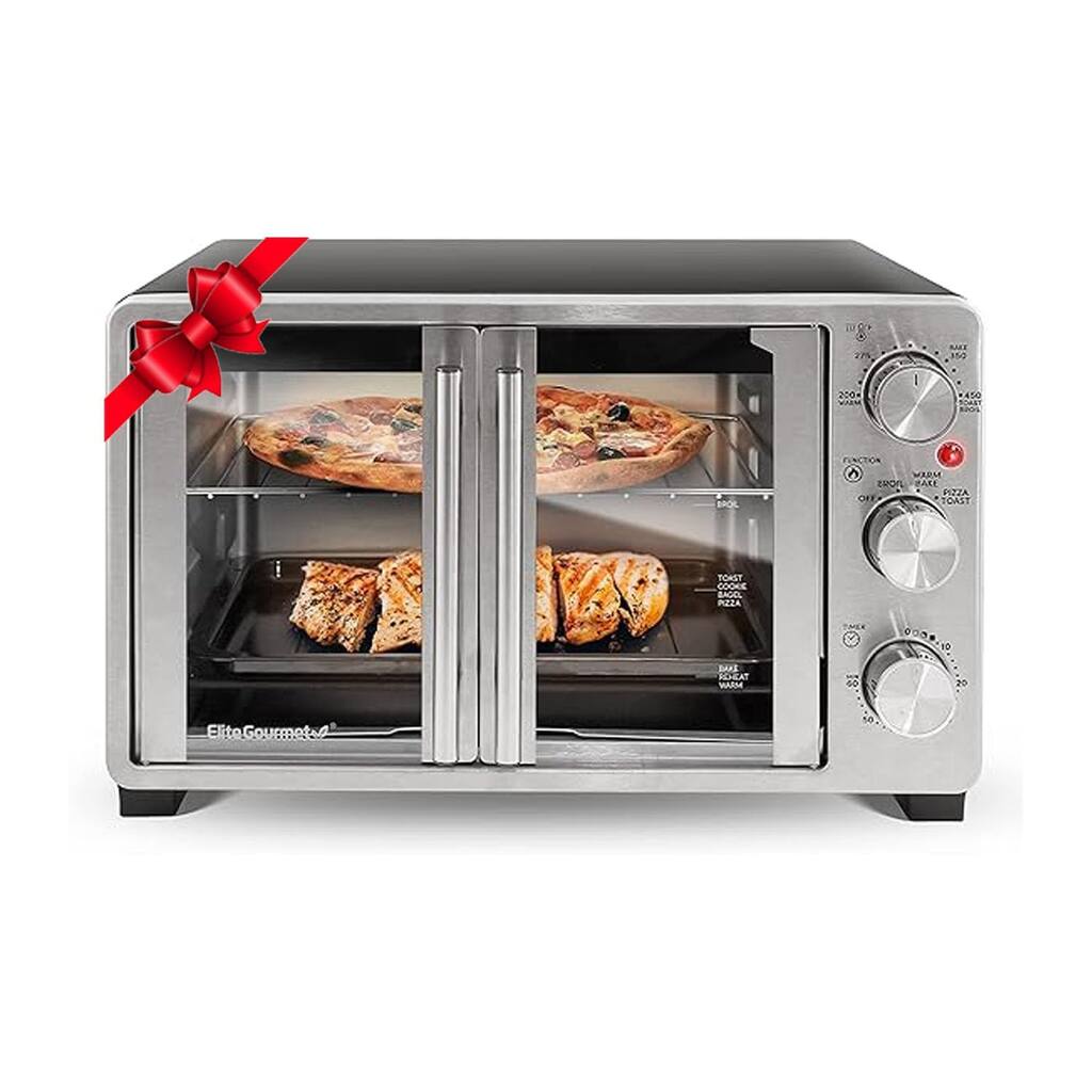 Double French Door Countertop Toaster Oven, Bake, Broil, Toast, Keep Warm, Fits 12" pizza, 25L capacity, Stainless Steel & Black