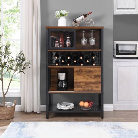 Industrial Bar Cabinet with Wine Rack for Liquor and Glasses