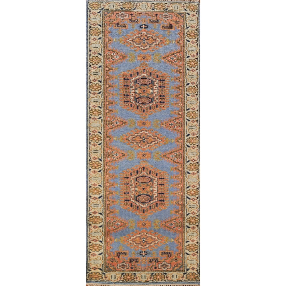 Blue Geometric Viss Indian Runner Rug Handmade Wool Carpet - 2'6"x 7'11"