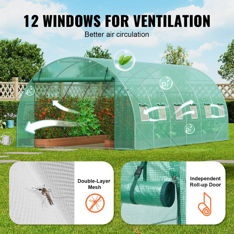 Walk-in Tunnel Greenhouse, Hoop House Greenhouse Tunnel, Plant Hot House with Galvanized Steel Frame, Green PE Cover