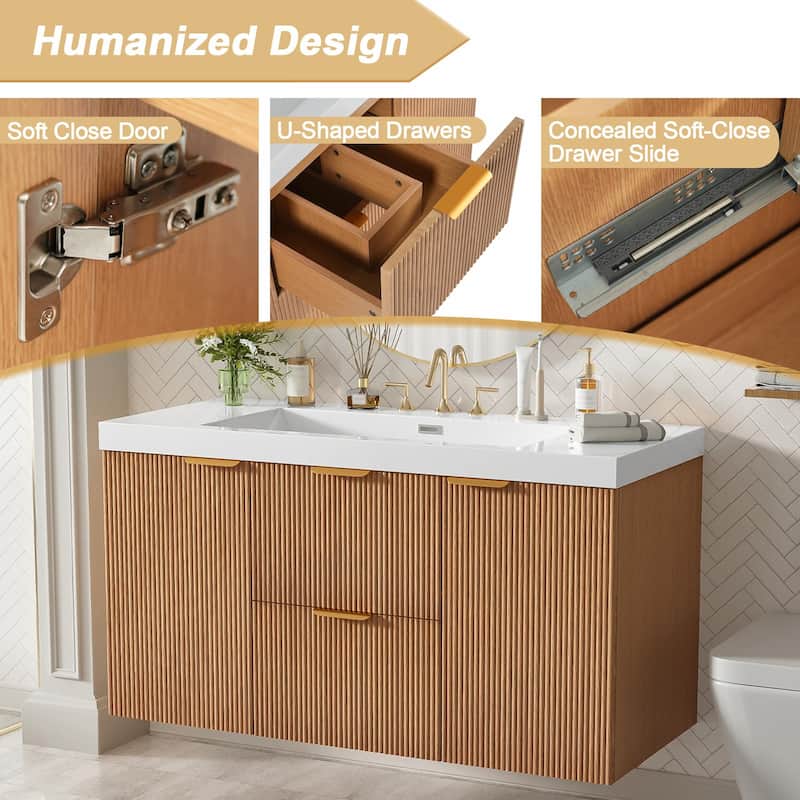42" Wall-Mounted Single Sink Bathroom Vanity with SMC Top, MDF Cabinet with Solid Wood Frame, U-Shaped Drawers