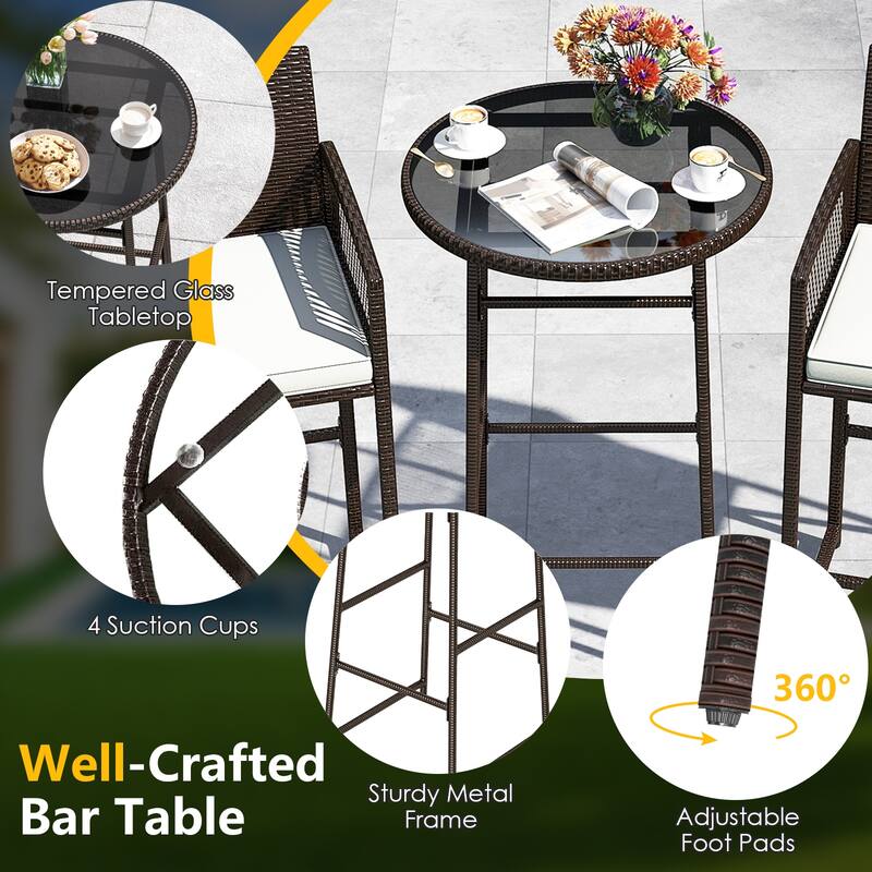 Gymax 3 Piece Wicker Patio Bar Set w/ 2 Seat Cushions Glass Tabletop