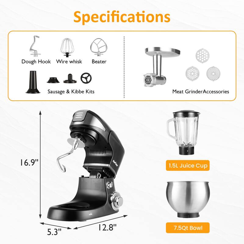 3-in-1 Kitchen Mixer: Stand Mixer, Food Processor & Blender with 6 Speeds and 6.5 Qt Bowl