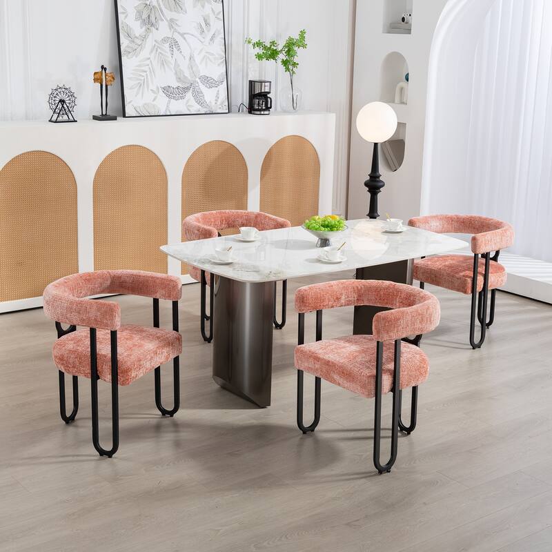 Pink Modern 23.62" Upholstered Barrel Chair with Black Iron Frames for Kitchen (Set of 2)