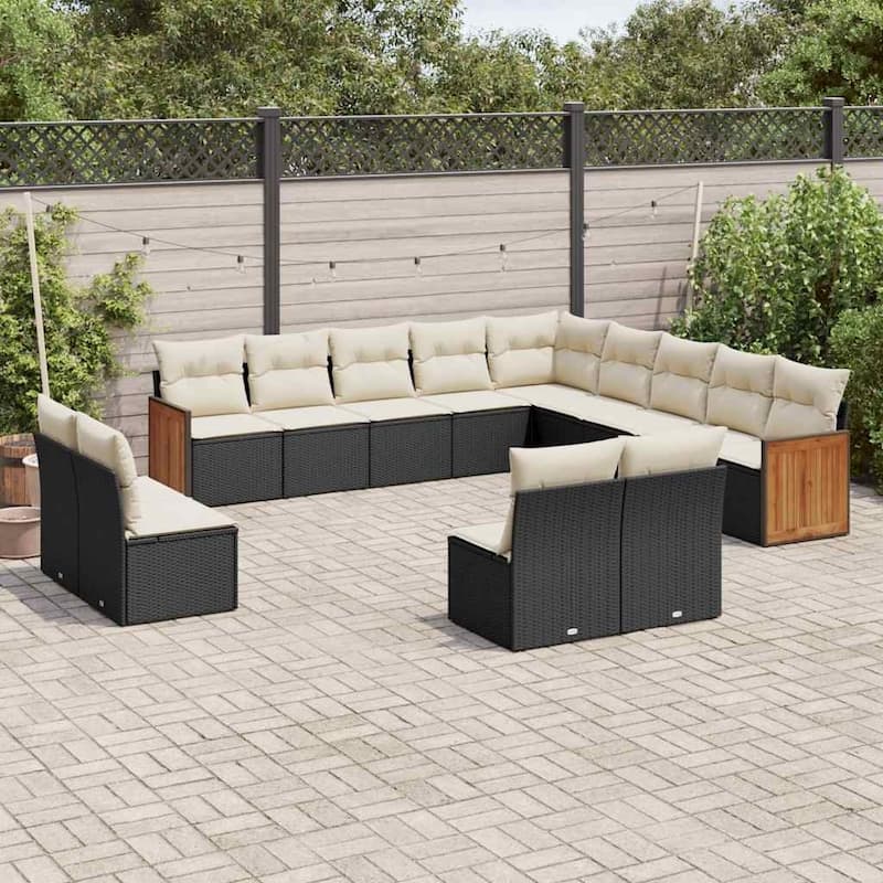 vidaXL Patio Sofa Set with Cushions Outdoor Conversation Furniture Poly Rattan - Black and cream without table - 24.4 x 24.4 x 27.2 in