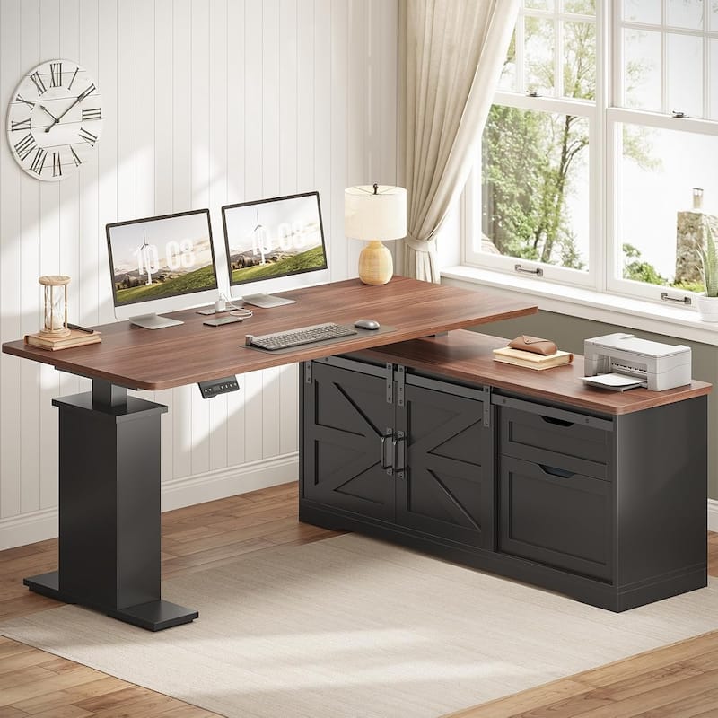 L Shaped Standing Desk Height Adjustable Corner Desk Storage Drawers