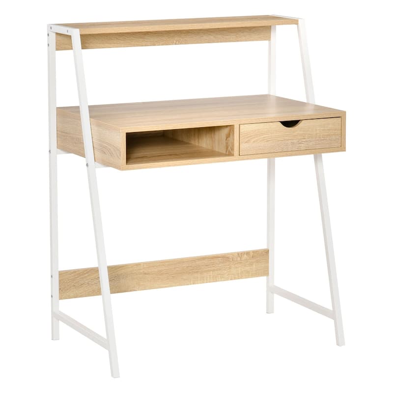 Particleboard Steel Writing Desk with Storage Shelf Drawer - Natural-White