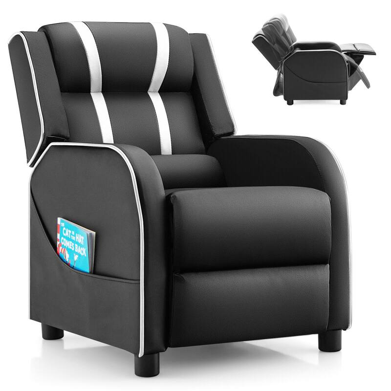 Gymax Kids Recliner Chair Ergonomic Leather Sofa Armchair w/Footrest - Black + White