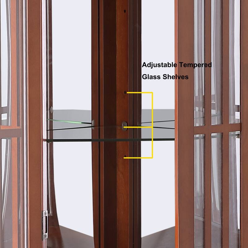 Lighted Corner Curio Cabinet, Wooden Accent Storage Cabinet, Display Cabinet with Tempered Glass Shelves & Mirrored Back