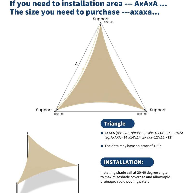 12'X12'X12' Triangle Sun Shade Sail Shade Cloth, Sunshade for Patio, Backyard, Deck, Garden, Sand