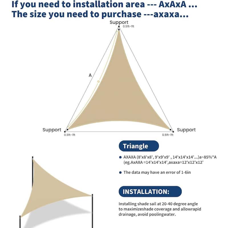 16'X16'X16' Triangle Sun Shade Sail Shade Cloth, Sunshade for Patio, Backyard, Deck, Garden, Sand