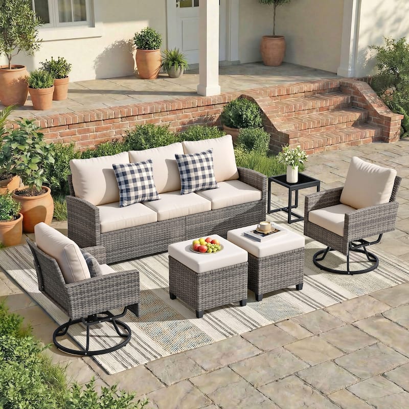 6-Piece Wicker Patio Conversation Set with Swivel Chairs - Beige