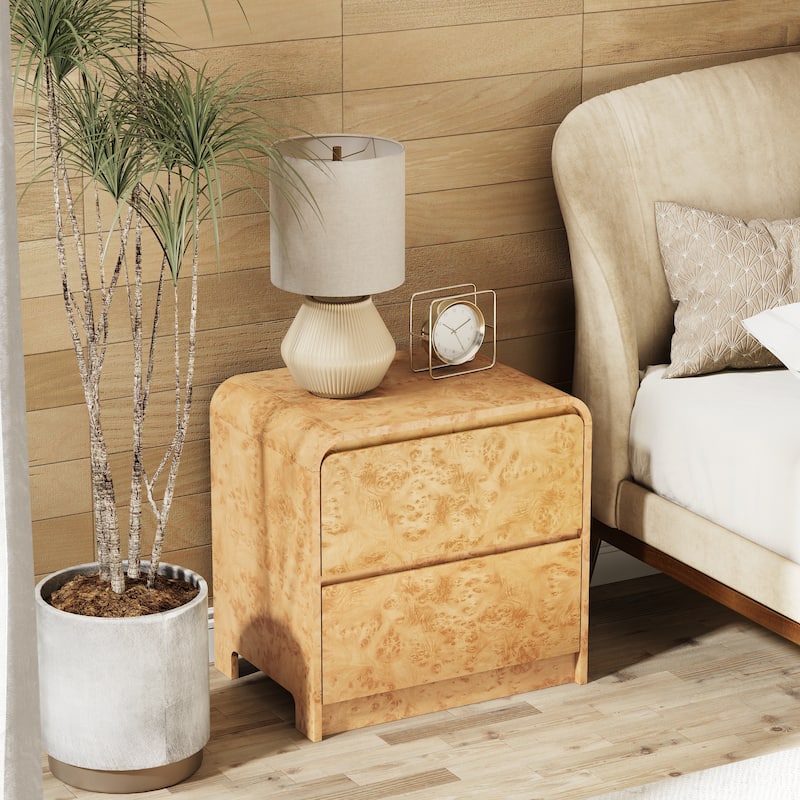 COZAYH Farmhouse Wood Nightstand, Rounded Edge Modern & Mid-Century Dresser, Burl Wood Finish in Natural