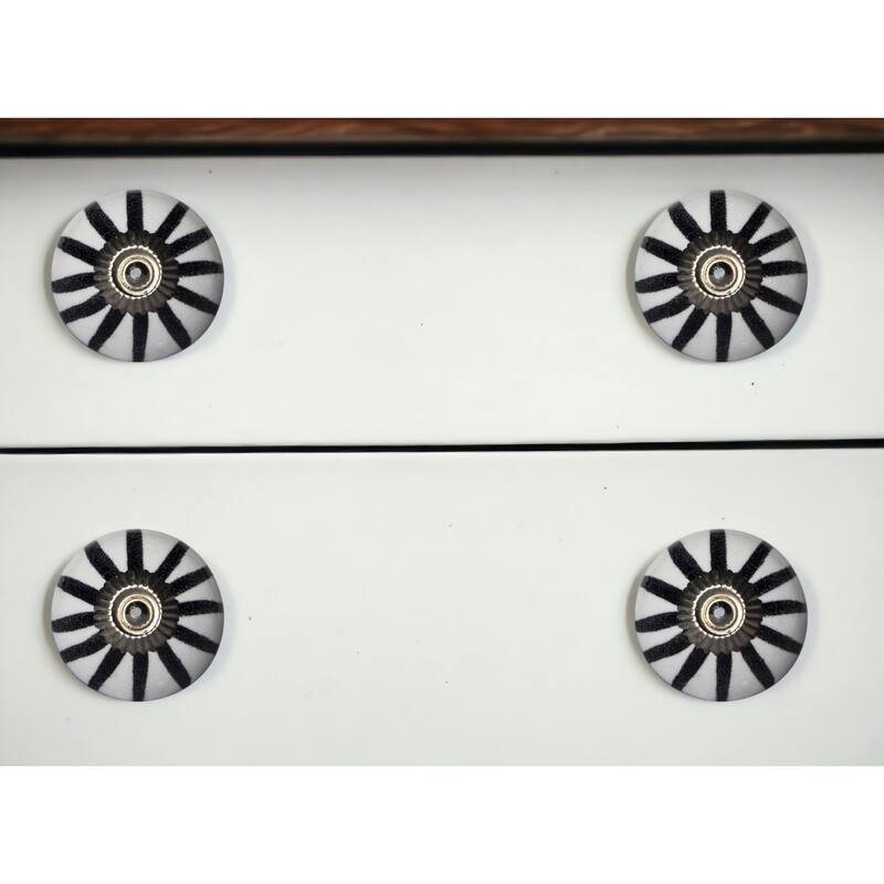 Set of 8 Hand-Painted Black & White Botanical Ceramic Cabinet Knobs Traditional Round Drawer Pulls with Metal Base