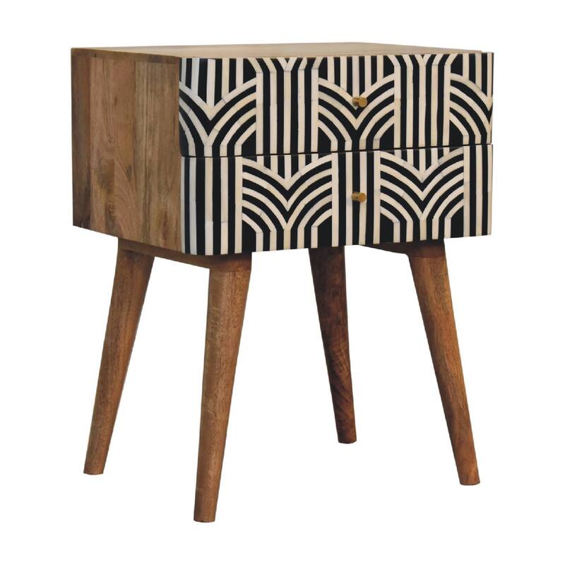 HomeRoots 23" Black Ivory And Light Brown Solid Wood Geometric Bone Inlay Two Drawer Nightstand