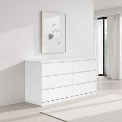 Onira Wide Dresser, 6 Spacious Drawers, Modern White Wood, 60 Inch