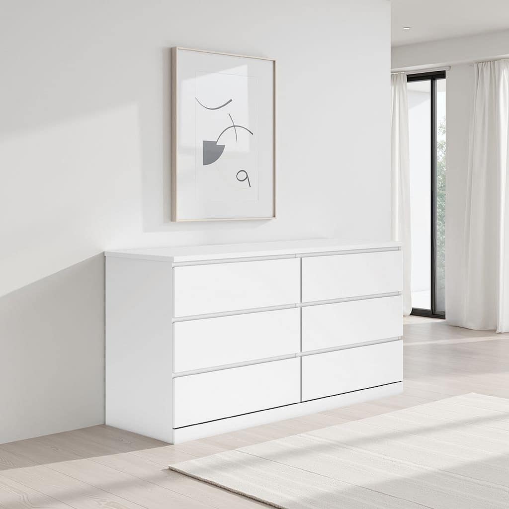 Onira Wide Dresser, 6 Spacious Drawers, Modern White Wood, 60 Inch