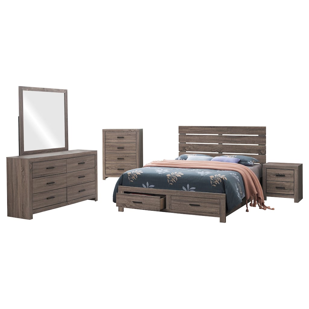 Sili 5pc Queen Storage Bedroom Set, Oak Brown and Dark Bronze, Mirror