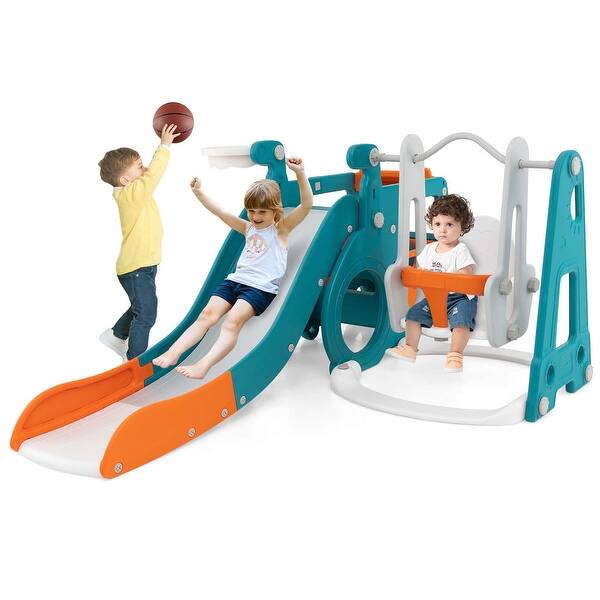 slide 2 of 10, Costway 5-in-1 Toddler Slide Set with Basketball Hoop and Swing Baby - See Details Multicolor - See Details - Kids