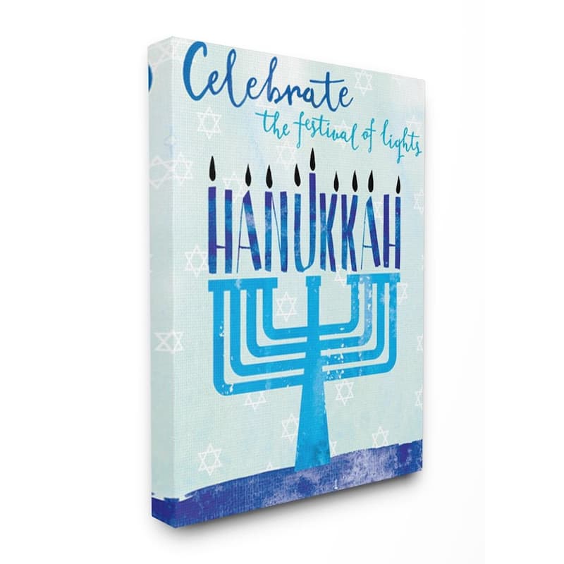 Stupell Festival Of Lights Hanukkah Holiday Menorah Blue Word Design Canvas Wall Art, Proudly Made in USA