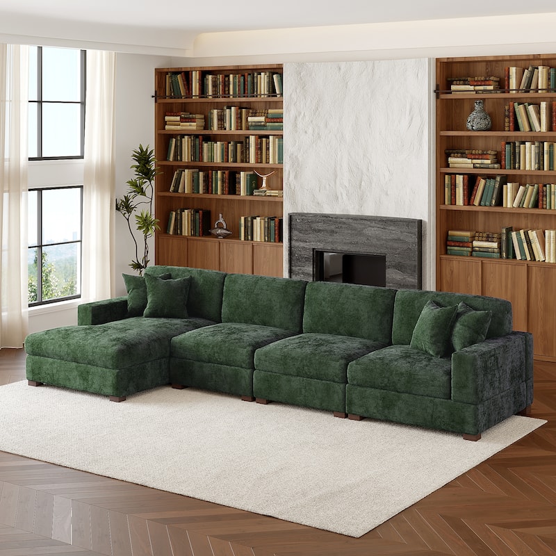 Modern Oversized Chenille Modular Sectional Sofa With Chaise - Green/4 Piece - Left Facing