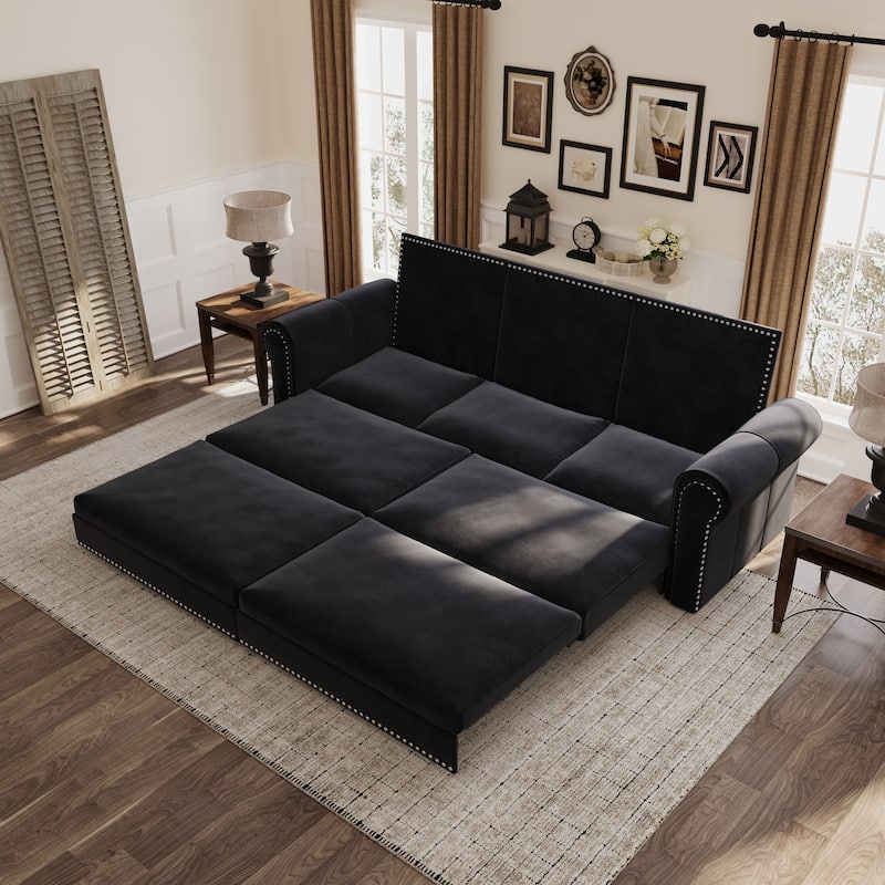 93.7" King Pull Out Sofa Bed w/ Nailhead Trim & Rolled Arm for Living Room Bedroom - Black