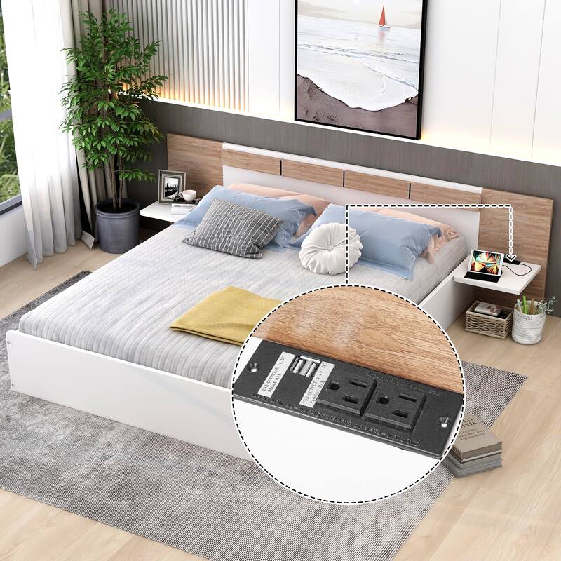 Queen Size Concise Low-Profile Platform Bed Frame with USB Charging