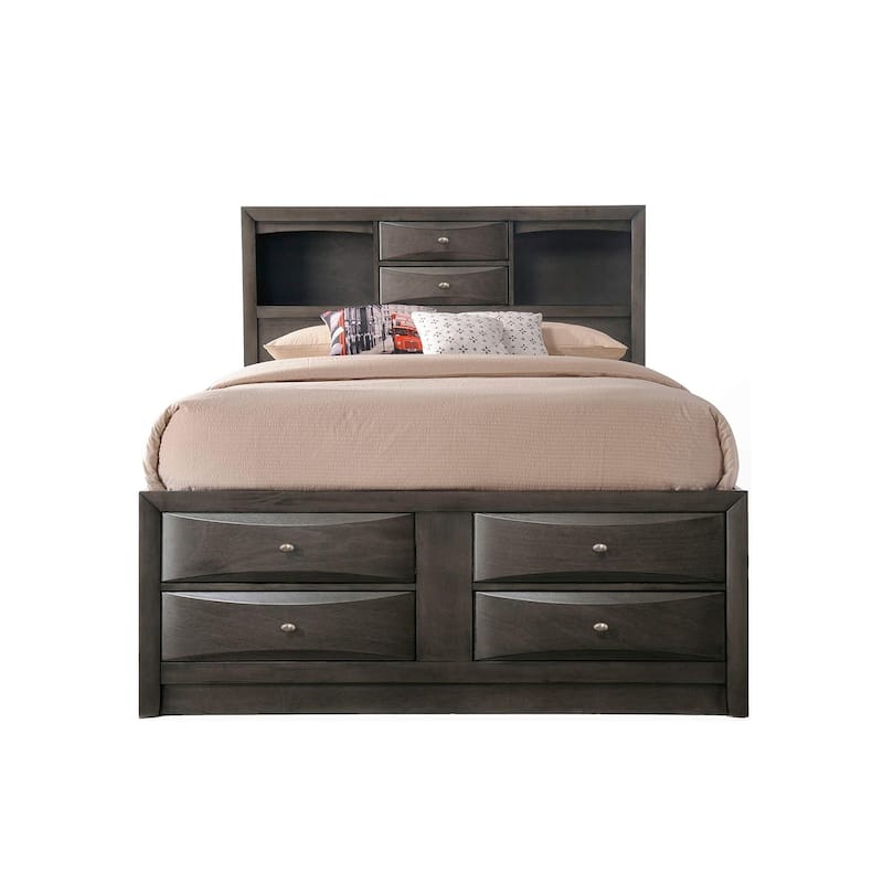 Wooden Full Size Bed with Bookcase and Drawers - Gray