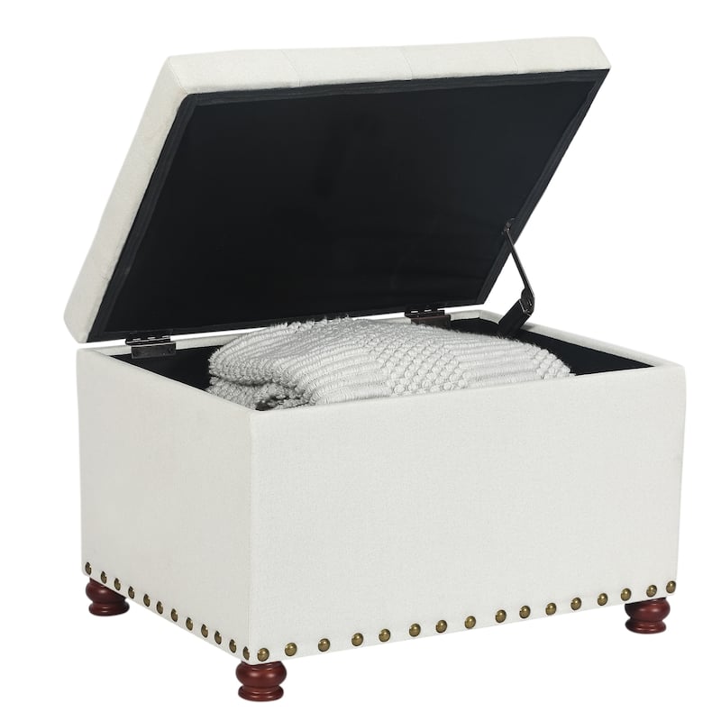 Adeco Storage Ottoman Tufted Linen Wood Bench with Nails