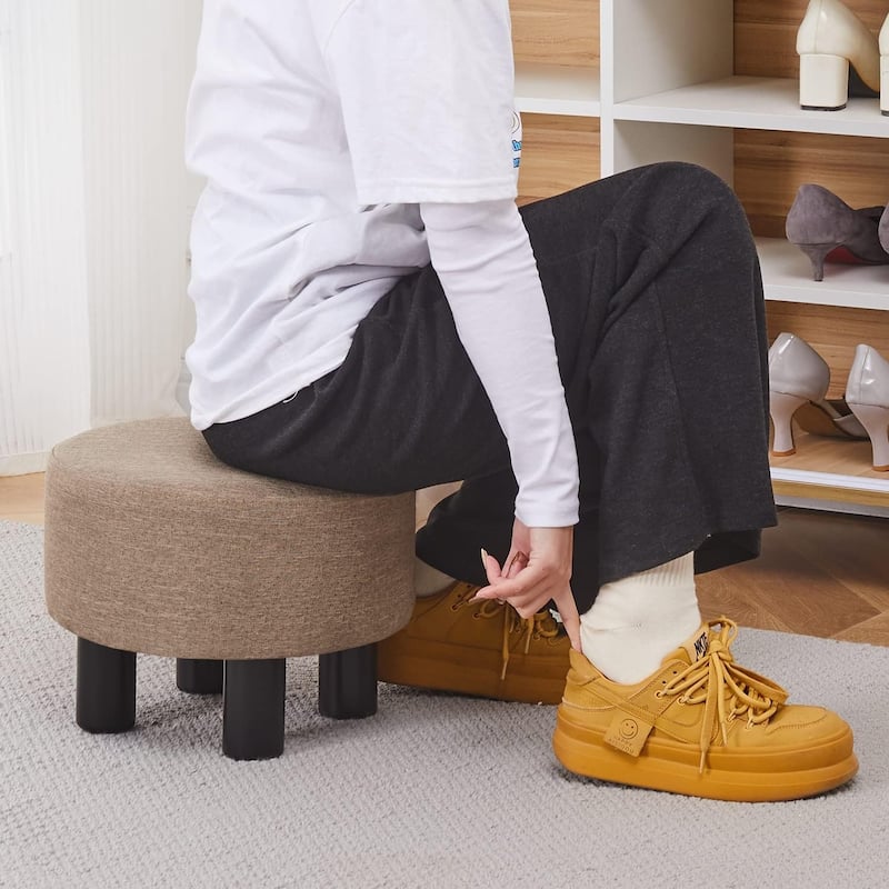 Modern Small Round Linen Ottoman Footstool with Wooden Legs for Bedroom or Living Room