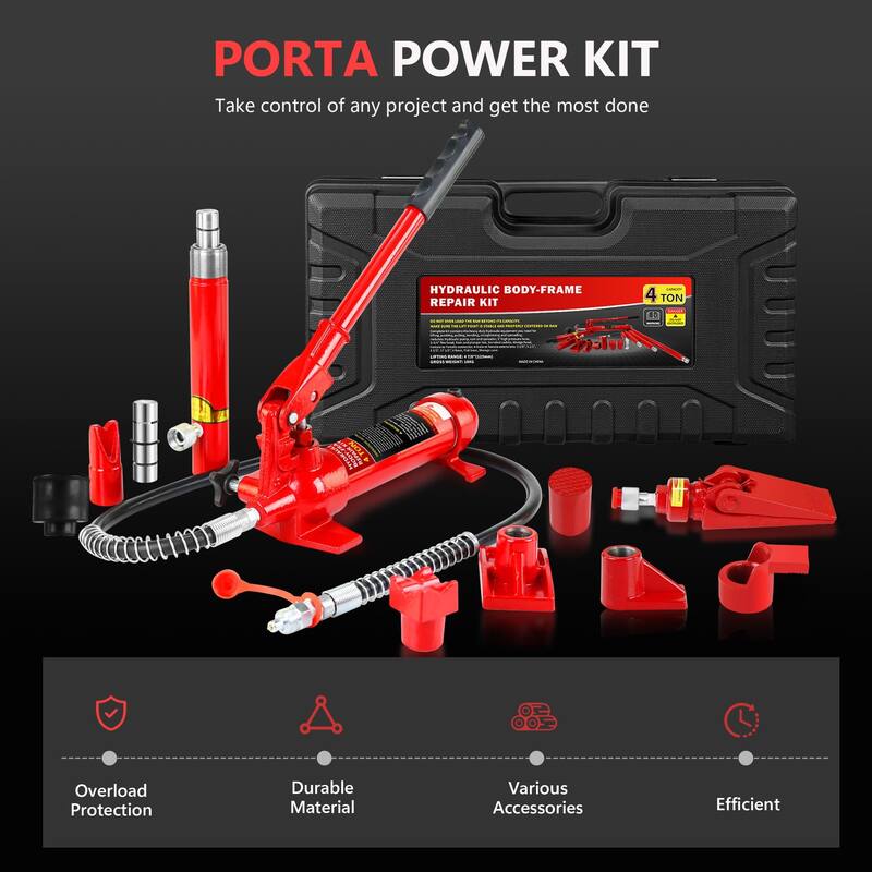4 Ton Porta Power Kit, Portable Hydraulic Jack with 4.1 ft/1.25 m Oil Hose, 17 Pcs Hydraulic Ram, 8000 Lbs Capacity