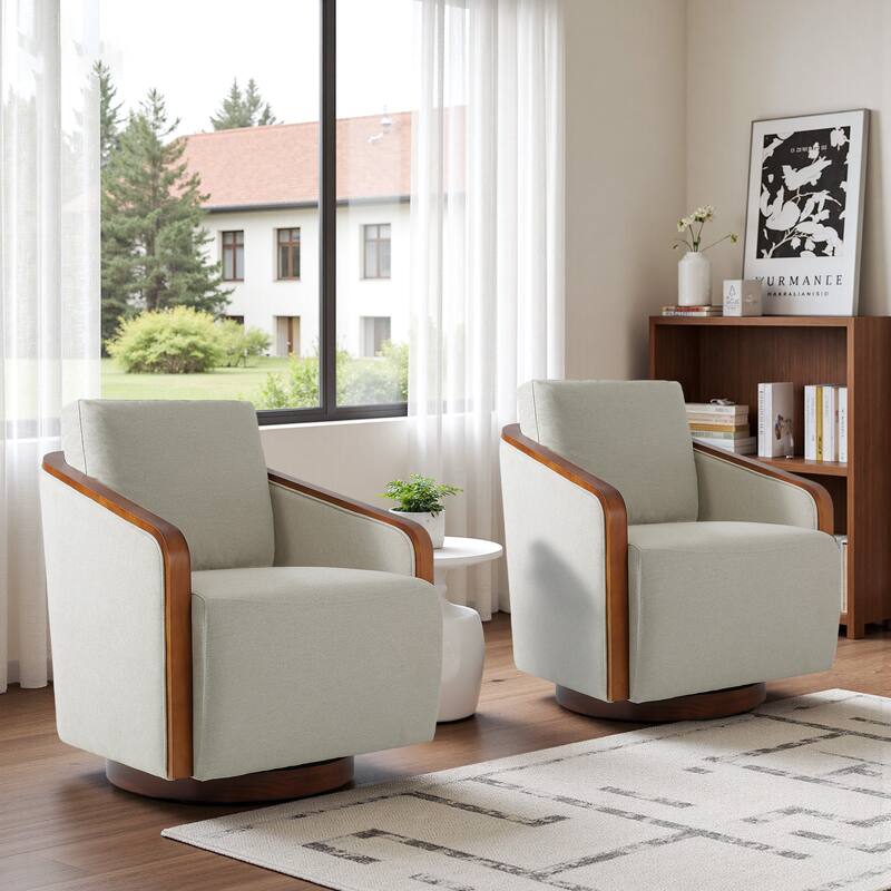 Set of 2 Modern 360° Swivel Accent Barrel Chairs with Wood Arms