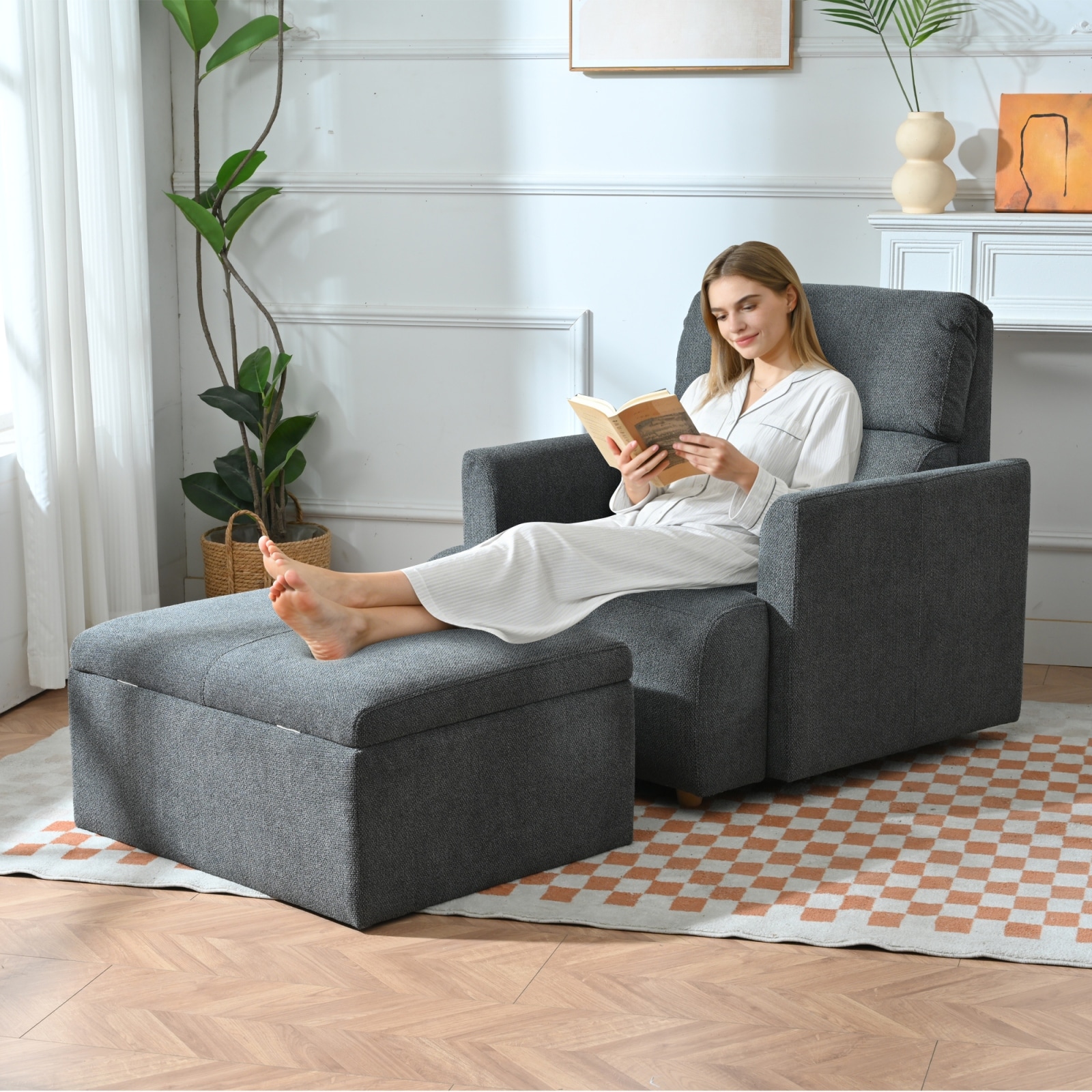 Modern Oversized Snowflake Velvet Accent Chair with Storage Ottoman and Deep Seat