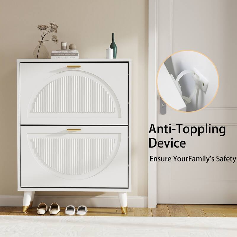 25''W Slim Shoe Cabinet, Fluted Hidden Shoe Storage Cabinet with 2 Flip Drawers, Wooden Shoe