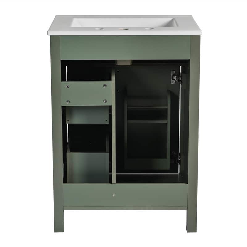 24'' Bathroom Vanity w/ Ceramic Sink Top, Modern Bathroom Vanity Cabinet w/ 1 Soft Close Door, 2 Soft Close Drawers & Door Racks