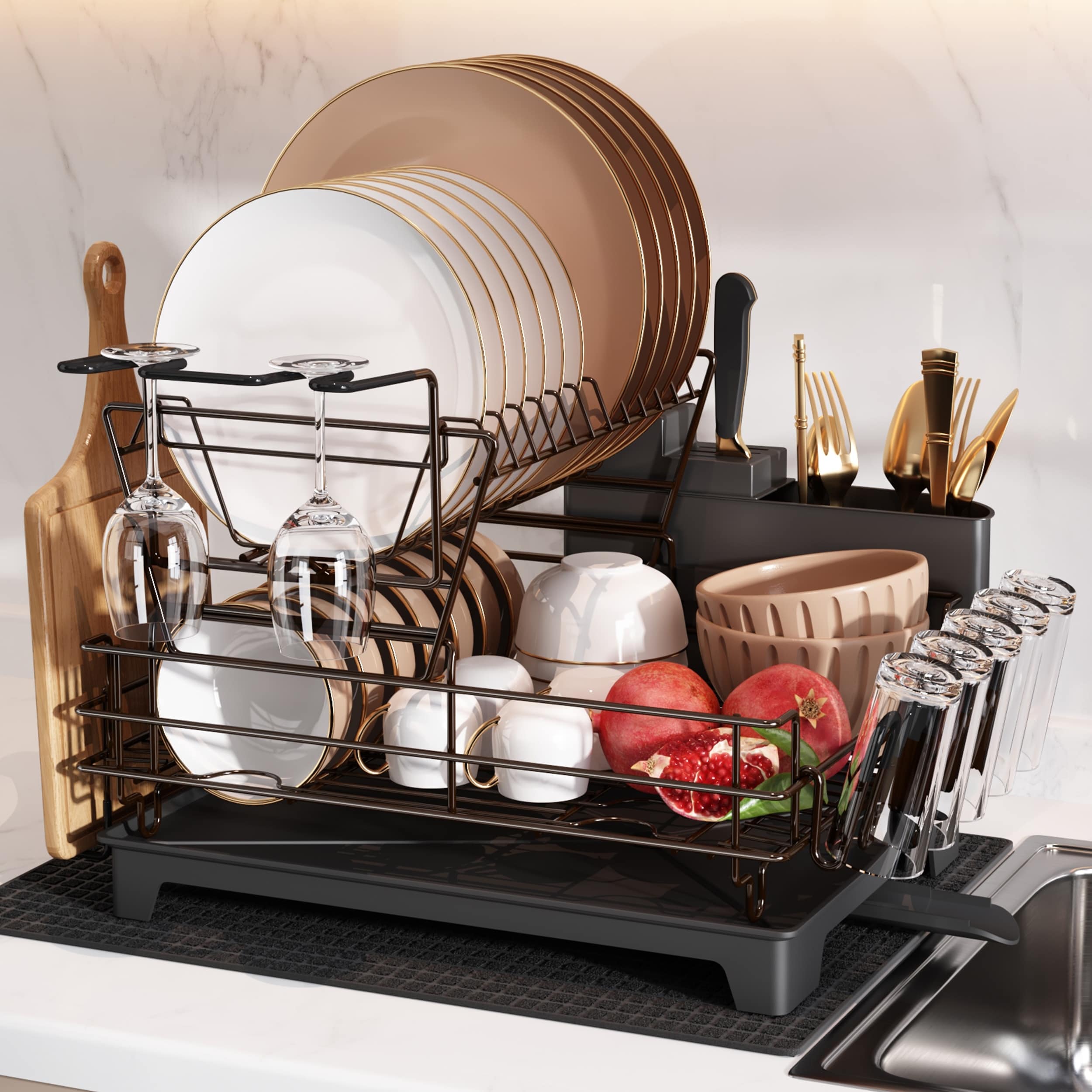 Double-Layer Dish Rack with Bamboo Handle - Bed Bath & Beyond