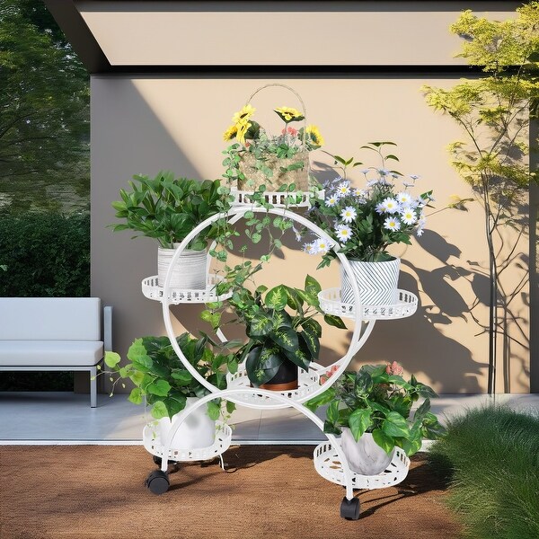 Flower Pot Holder Metal Plant Stand Shelf with 4-Wheel - On Sale