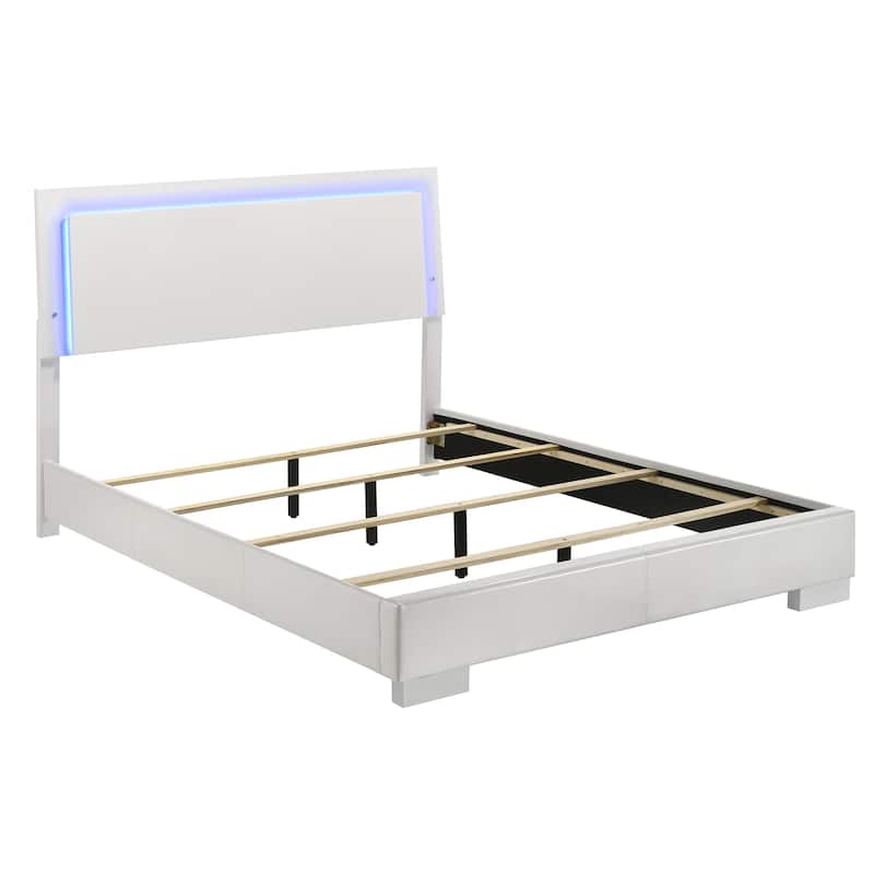 Queen Size Wood Panel Bed with LED Lighting and Slatted Design