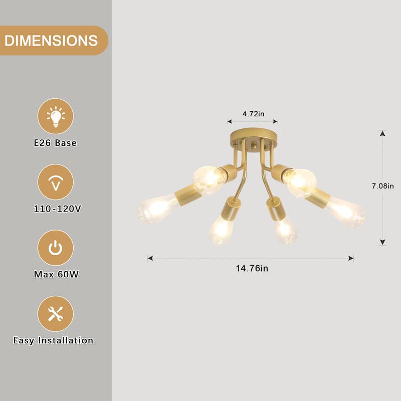 6-Light Modern Sputnik Light Fixture Semi Flush Mount Ceiling Lighting - 14.76' W