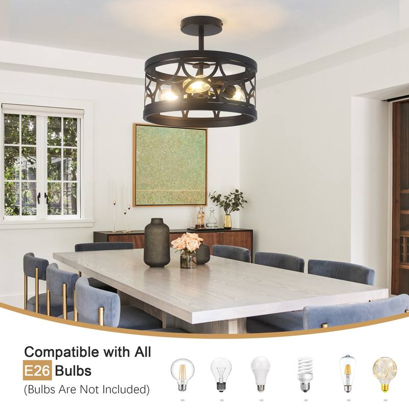 3-Light Metal Hanging Semi-Flush Mount Light Ceiling Light for Kitchen Island