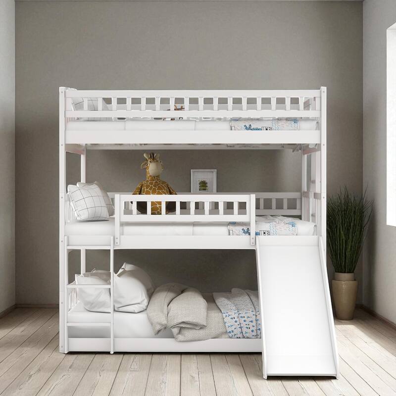 Full Triple Bunk Bed with Slide, Built-in Ladders & Guardrails, Solid Wood, Converts to 3 Full Beds, Space-Saving