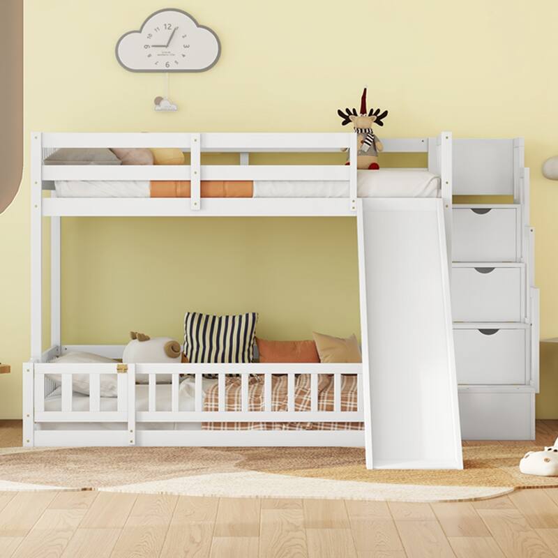 Twin Over Full Pine Wood Bunk Bed with Slide, Storage Staircase, and Safety Guardrails - White