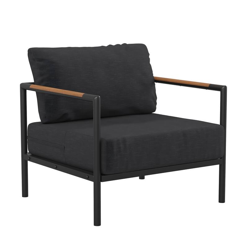 Aluminum Frame Patio Chair with Teak Arm Accents and Plush Cushions - 32.5"W x 29.5"D x 24.5"H