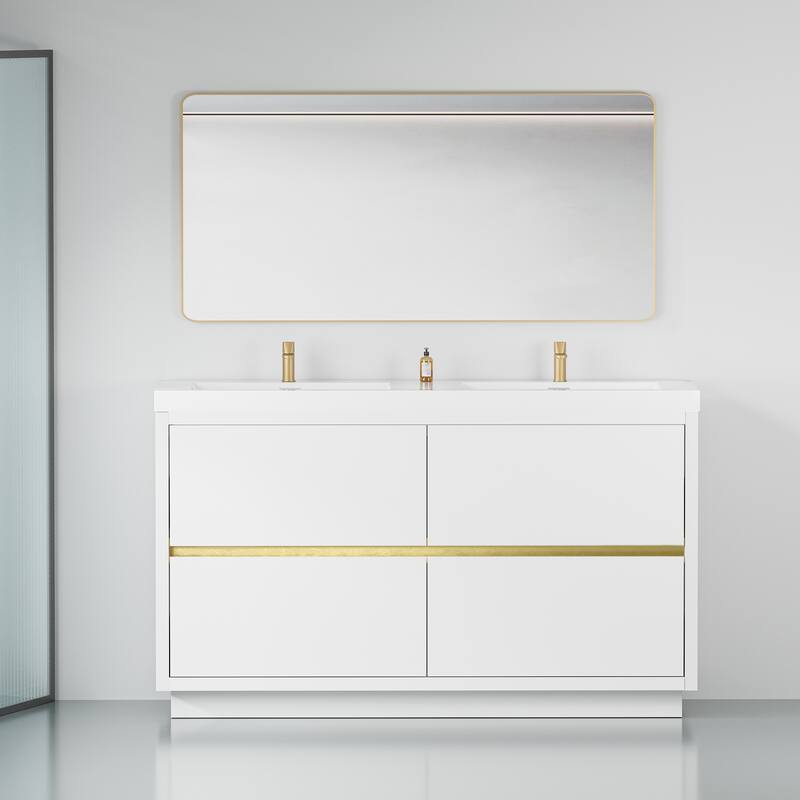 GDFStudio 60" Freestanding Bathroom Vanity with Double Sinks - Glossy White